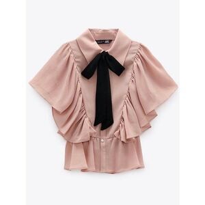 NEW ZARA Ruffled Pink Blouse with Tie Women’s Small
